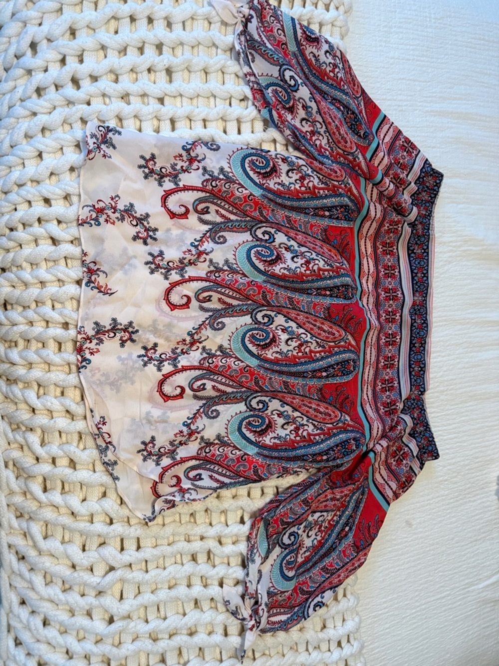 Chenault Red Paisley Off-Shoulder Blouse with Teal Accents